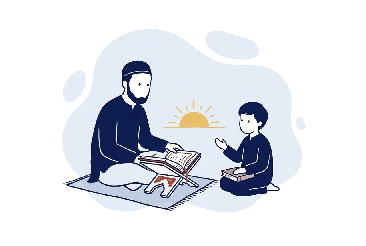 Illustration of a young student reciting his new lesson one-on-one to the teacher, who follows along in an open Qur'an as a small sun rises behind them