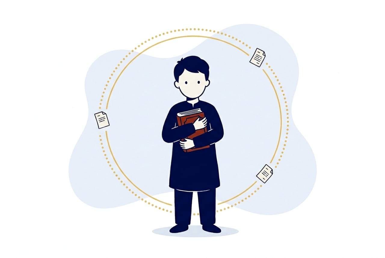 Illustration of a young student hugging a closed Qur'an to his chest, surrounded by an unbroken golden circle of pages cycling around him