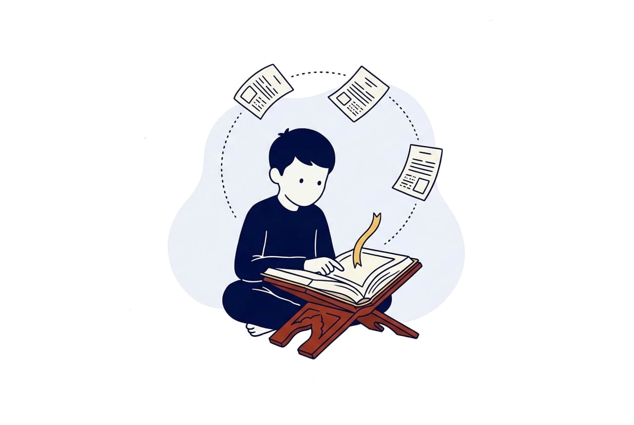 Illustration of a young student revising at an open Qur'an on a stand while recent lesson pages circle back toward the book along a dotted path