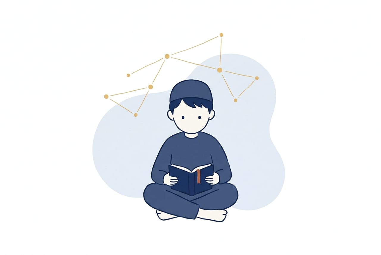 Illustration of a young student reading his Qur'an beneath a golden constellation of connected points, like pathways forming in a young mind