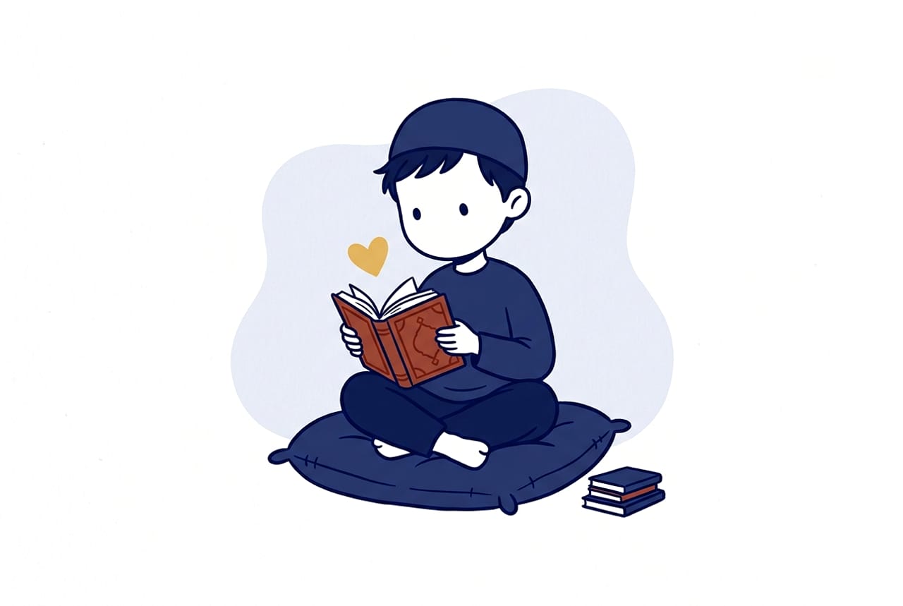 Illustration of a content young boy reading a small Qur'an on a cushion, a small gold heart above the book and a tiny stack of thin books beside him