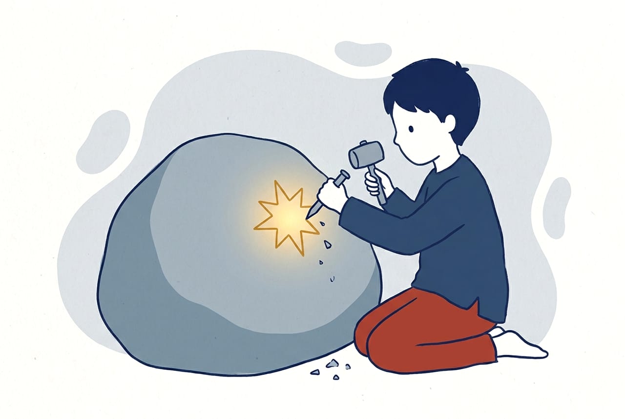 Illustration of a young boy patiently carving a golden star into a large smooth stone with a mallet and chisel