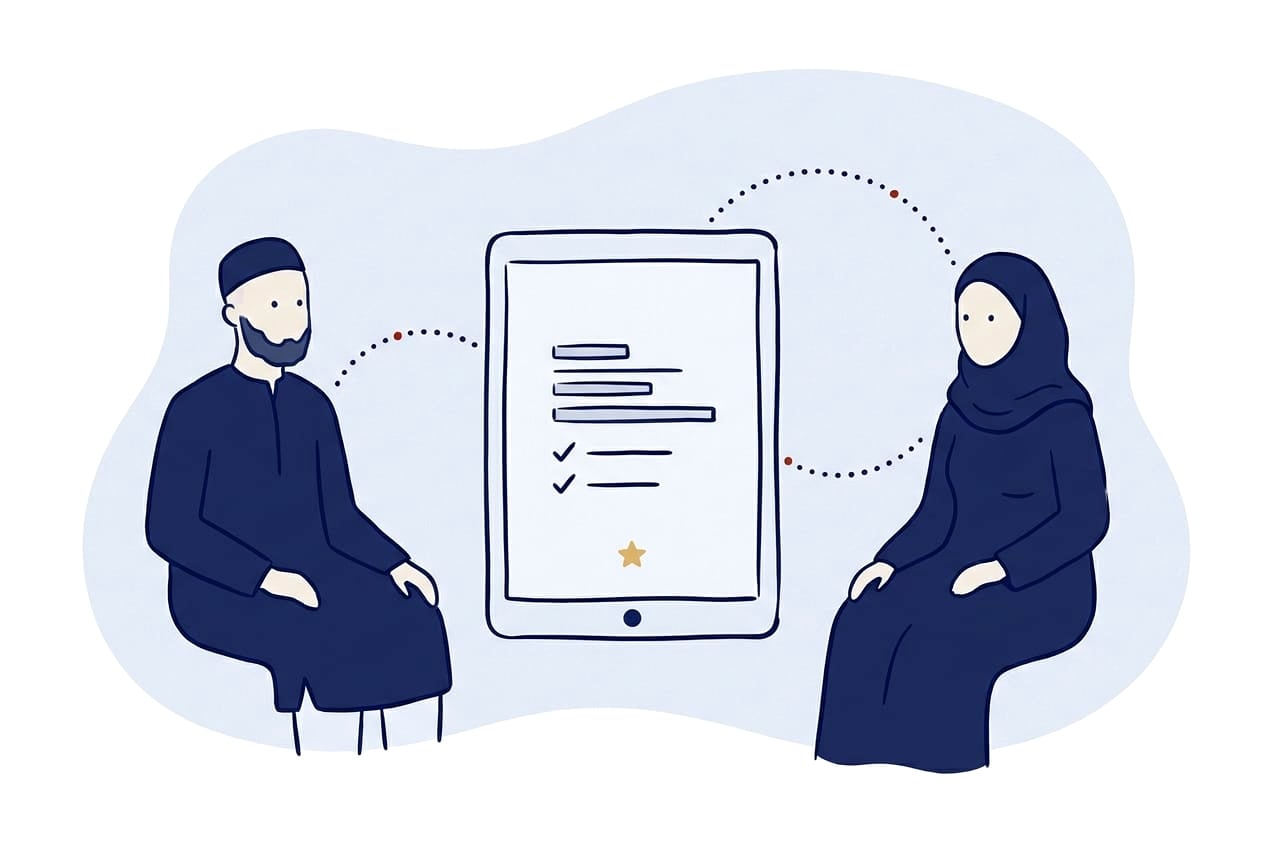 Illustration of a teacher and a mother connected through a tablet showing a child's progress