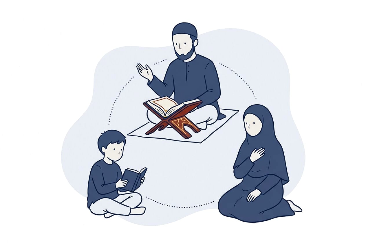 Illustration of the triangle of support: a teacher with an open Qur'an on a stand, a child reciting, and a mother listening, connected by dotted arcs