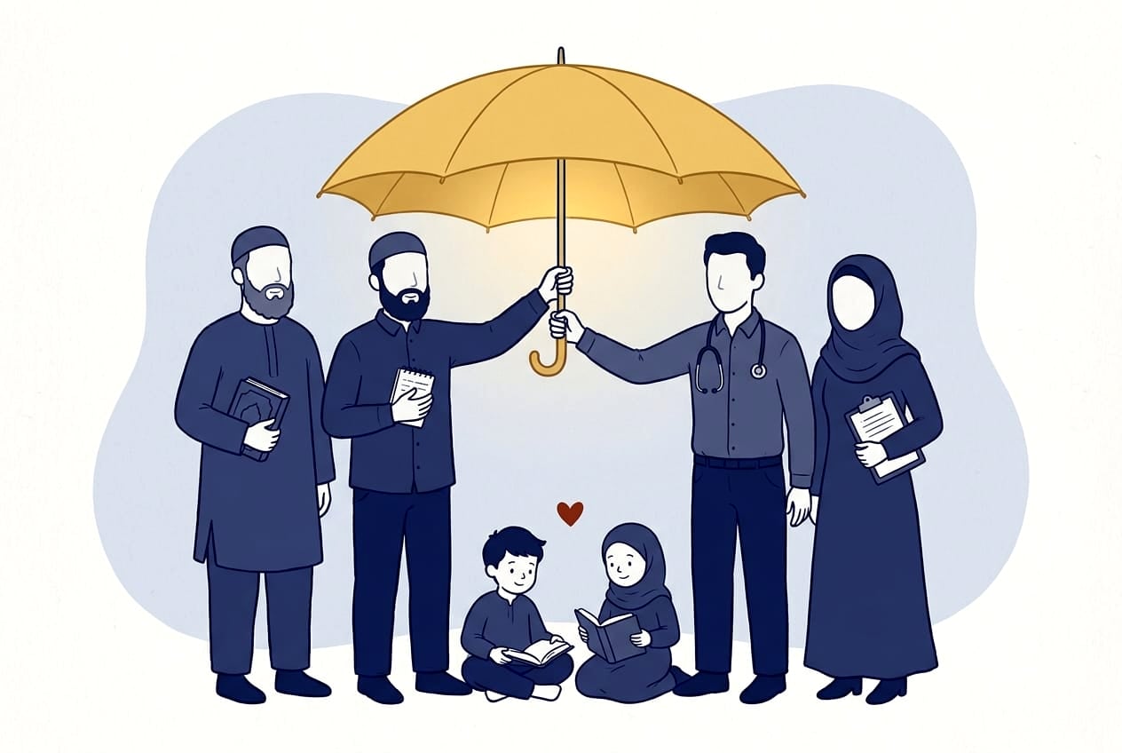 Illustration of two shaykhs and a physician consulting together around a child who reads the Qur'an contentedly beneath a small heart